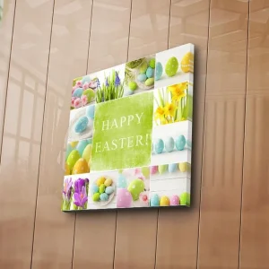 Outlet Canvastavla 45x45 cm - Färgglad påskdekoration med ägg och blommor Grön / Ljusblå / Gul - Inredning