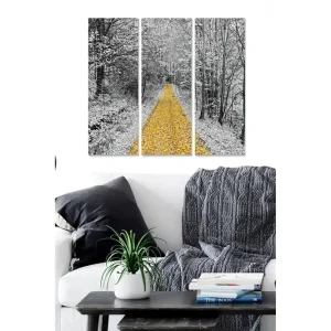 Canvastavla i trä 3-delar 50x70 cm - Gyllene väg kantad av snötäckta träd - Inredning & dekor Extra rabatt
