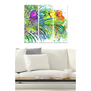 Canvastavla i trä 3-delar 50x70 cm - Färgglada papegojor bland tropiska växter - Inredning & dekor Fynd