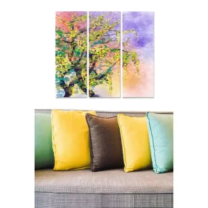 Billig Canvastavla i trä 3-delar 50x70 cm - Färgglad abstrakt trädkonst med blommor och grönska - Inredning & dekor
