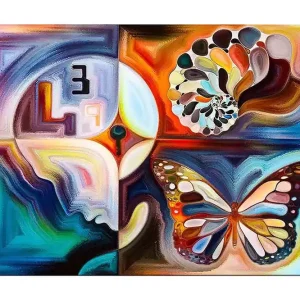 Beställ idag Canvastavla 70x100 cm - Färgglad fjäril som symboliserar transformation, omgiven av abstrakta former och mönster - Inredning & dekor
