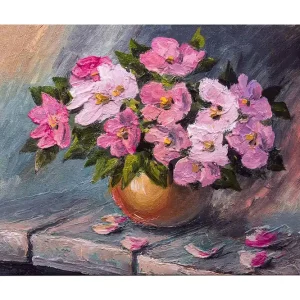 Canvastavla 70x100 cm - Vacker bukett med rosa blommor i en rund vas - Inredning & dekor Kampanj