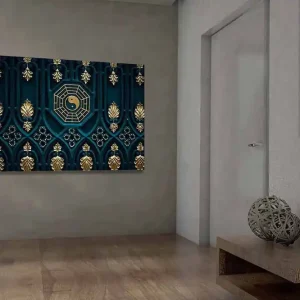 Canvastavla 70x100 cm - Abstrakt design med yin-yang-symbol och dekorativa element i guld och blått - Inredning & dekor Premium