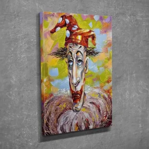 Erbjudandepris Liten Canvastavla 30x40 cm - Klown med uttrycksfullt ansikte och färgglad hatt Röd / Vit / Gul - Inredning