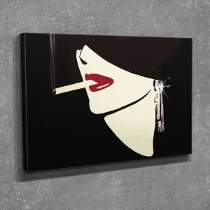 Liten Canvastavla 40x30 cm - Stiliserad kvinnoansikte med cigarett och röd läppstift Svart / Vit / Röd - Inredning Begränsad tid