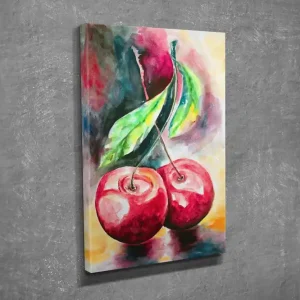 Liten Canvastavla 30x40 cm - Röd körsbärsduo med gröna blad Röd / Grön / Gul - Inredning Fynd