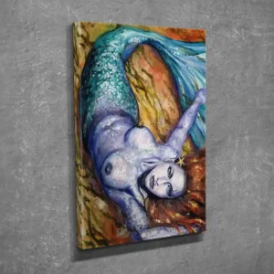 Liten Canvastavla 30x40 cm - Siren med en skimrande fiskstjärt och rödbrunt hår som ligger på en klippa Turkos / Lila / Rödbrun - Inredning Erbjudande