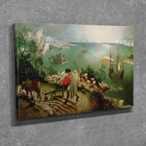 Liten Canvastavla 40x30 cm - Landskap med bönder och segelfartyg vid kusten Grön / Blå / Brun - Inredning Snabb leverans