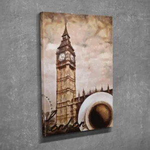 Kampanjpris Liten Canvastavla 30x40 cm - Storslagen bild av Big Ben med en kopp kaffe i förgrunden Beige / Brun / Vit - Inredning