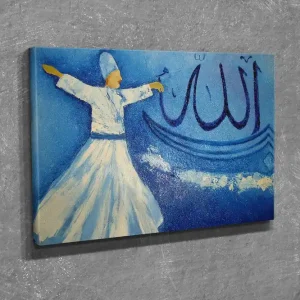 Rabatt Liten Canvastavla 40x30 cm - Dansande person i vit klädsel mot en blå bakgrund med kalligrafiska inslag Blå / Vit / Beige - Inredning