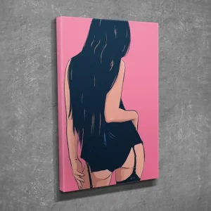 Fynd Liten Canvastavla 30x40 cm - Stiliserad kvinna med långt hår i en suggestiv pose Mörkblå / Rosa - Inredning