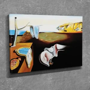 Liten Canvastavla 40x30 cm - Surrealistisk komposition med smälta klockor och en landskapsbakgrund Gult / Blått / Brunt - Inredning Rabatt