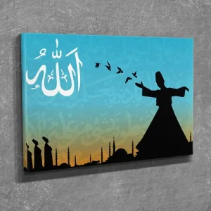 Kampanj Liten Canvastavla 40x30 cm - Silhuett av en dansande dervish med fåglar i flykt mot en färgglad himmel Turkos / Svart / Orange - Inredning