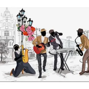 Canvastavla 70x100 cm - Livlig musikscen med fyra musiker som spelar olika instrument på en gata, omgiven av blommor och lampor - Inredning & dekor Sista chansen