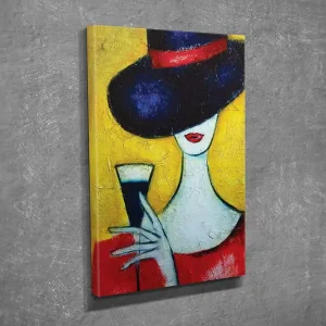 Liten Canvastavla 30x40 cm - Elegant kvinna med stor hatt och ett glas i handen Mörkblå / Röd / Gul - Inredning Utförsäljning