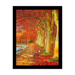 Begränsat erbjudande Inramad Canvastavla i trä - 41x56 cm - Vacker allé med höstfärgade träd och en bänk längs en promenadväg - Inredning & dekor