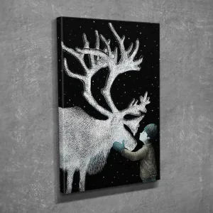 Liten Canvastavla 30x40 cm - Barn som interagerar med en ren under stjärnhimlen Svart / Vit / Ljusblå - Inredning Extra rabatt