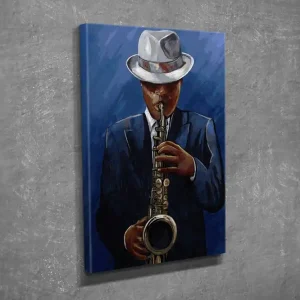 Snabb frakt Liten Canvastavla 30x40 cm - Musiker som spelar saxofon i elegant kostym Mörkblå / Svart / Vit - Inredning