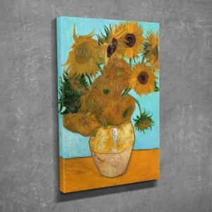 Liten Canvastavla 30x40 cm - Solrosor i en vas med en ljusblå bakgrund Gul / Grön / Orange - Inredning Expressleverans