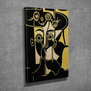 Premium Liten Canvastavla 30x40 cm - Abstrakt porträtt av två ansikten i samspel Svart / Guld / Beige - Inredning