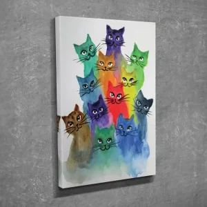 Outlet Liten Canvastavla 30x40 cm - Färgglad samling av katter i olika nyanser Grön / Blå / Lila - Inredning