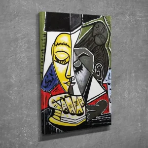 Lågt pris Liten Canvastavla 30x40 cm - Abstrakt porträtt av två ansikten i samspel Gul / Svart / Röd - Inredning