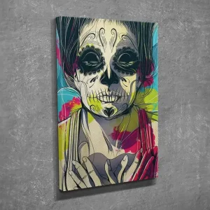 Beställ nu Liten Canvastavla 30x40 cm - Skulptur av en kvinna med skelettansikte och blommor i bakgrunden Svart / Rosa / Grön - Inredning