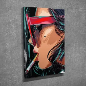 Köp online Liten Canvastavla 30x40 cm - Porträtt av en kvinna med solglasögon och cigarett Röd / Svart / Turkos - Inredning