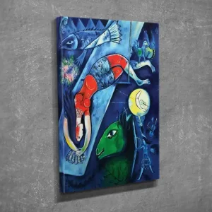 Liten Canvastavla 30x40 cm - Abstrakt komposition med djur och människor i drömlik miljö Mörkblå / Röd / Grön - Inredning Snabb frakt