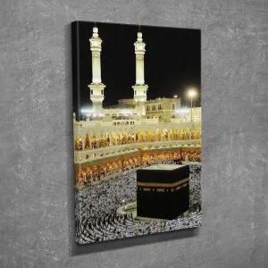 Liten Canvastavla 30x40 cm - Heliga Kaba i Mekka omgiven av pilgrimer Svart / Vit / Guld - Inredning Billig