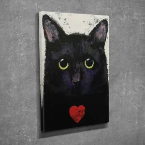 Liten Canvastavla 30x40 cm - Svart katt med stora ögon och ett rött hjärta på bröstet Svart / Gult / Röd - Inredning Endast denna vecka