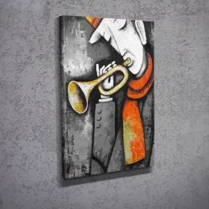 Liten Canvastavla 30x40 cm - Musiker som spelar trumpet med en röd scarf Grå / Svart / Gul - Inredning Handla nu