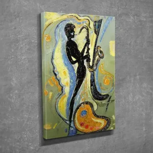 I lager Liten Canvastavla 30x40 cm - Silhuett av en saxofonist i en dynamisk komposition Svart / Guld / Ljusblå - Inredning