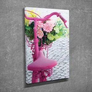 Kampanjpris Liten Canvastavla 30x40 cm - Cykel med färgglad blomsterkorg Rosa / Grön / Gul - Inredning