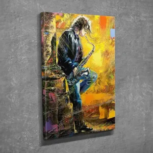 Liten Canvastavla 30x40 cm - Musiker som spelar saxofon med en energisk och färgglad bakgrund Gult / Svart / Blått - Inredning Extra rabatt