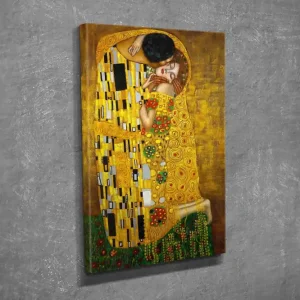 Liten Canvastavla 30x40 cm - Intimt ögonblick mellan två älskande i en gyllene omfamning Guld / Grönt / Rött - Inredning I lager