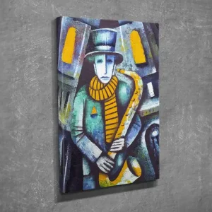 Liten Canvastavla 30x40 cm - Musiker som spelar saxofon i en urban miljö Blå / Gul / Grön - Inredning Billigare