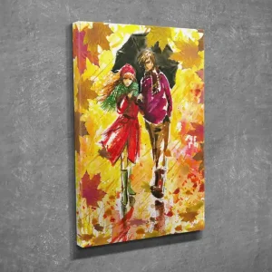 risnedsättning Liten Canvastavla 30x40 cm - Par som promenerar under ett paraply i höstlandskapet Gult / Rött / Grönt - Inredning