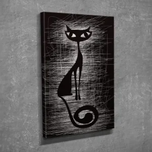 Fynd Liten Canvastavla 30x40 cm - Silhuett av en katt med stiliserade linjer Svart / Vit - Inredning