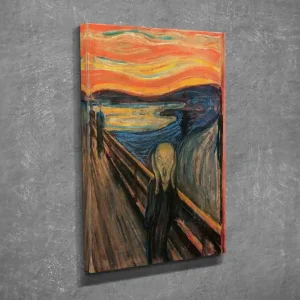 Liten Canvastavla 30x40 cm - Skrikande figur på en bro med en dramatisk himmel Orange / Blå / Svart - Inredning Beställ nu