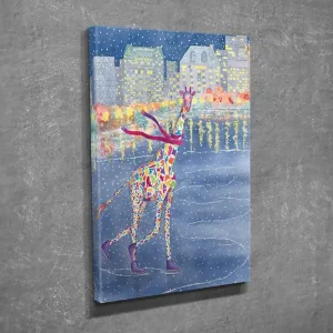 Erbjudande Liten Canvastavla 30x40 cm - Färgglad giraff som åker skridskor på en frusen sjö i en vinterlandskap Blå / Röd / Gul - Inredning
