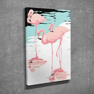 Liten Canvastavla 30x40 cm - Flamingor som vilar vid vattenytan Rosa / Turkos / Svart - Inredning Reapris