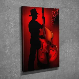 Liten Canvastavla 30x40 cm - Silhuett av en musiker som spelar på en kontrabas med hjärtformade detaljer Röd / Svart - Inredning Bästa pris
