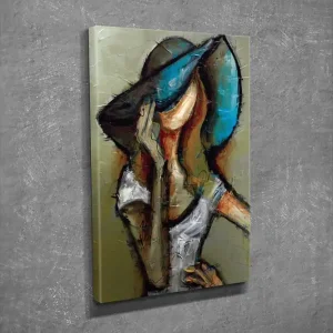 Bästa pris Liten Canvastavla 30x40 cm - Kvinna med stor hatt i en avslappnad pose Blå / Beige / Brun - Inredning