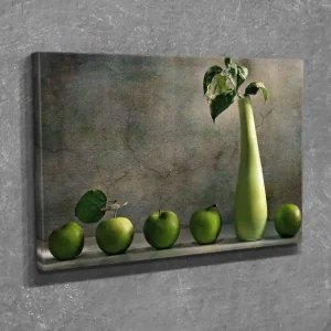 Handla nu Liten Canvastavla 40x30 cm - Grön äppelkorg med en stilren vas Grön / Ljusgrön - Inredning