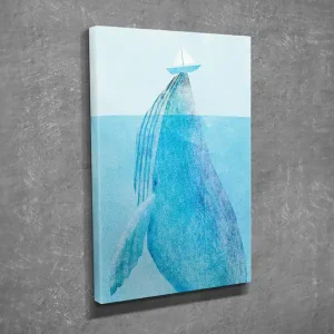 Liten Canvastavla 30x40 cm - Val av en val som bryter ytan med en segelbåt ovanför Ljusblå / Mörkblå - Inredning risnedsättning