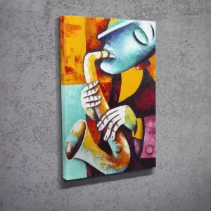 Kundfavorit Liten Canvastavla 30x40 cm - Musiker som spelar saxofon med uttrycksfulla ansiktsdrag Turkos / Orange / Röd - Inredning
