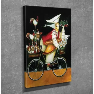 Liten Canvastavla 30x40 cm - Cyklande kvinna med blommor och höns på en cykel Svart / Röd / Gul - Inredning Köp online