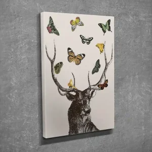 Liten Canvastavla 30x40 cm - Hjort med färgglada fjärilar svävande runt huvudet Brun / Grön / Gul - Inredning Fynd