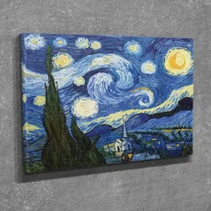 Liten Canvastavla 40x30 cm - Stjärnfull natt med virvlande moln och en by i förgrunden Mörkblå / Gul / Grön - Inredning Reapris
